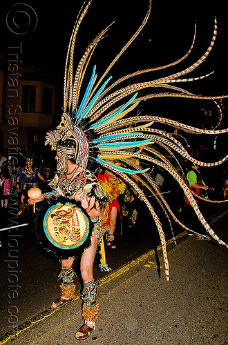 aztec dancer with feathers - dia de los muertos - halloween (san francisco), aztec, costume, day of the dead, dia de los muertos, feathers, halloween, man, mexican, night