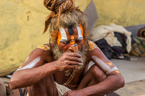 baba holding a chillum of ritual cannabis at the shivaratri hindu festival (nepal), baba smoking chillum, beard, dreadlocks, ganja, hindu, hinduism, kathmandu, knotted hair, maha shivaratri, man, pashupatinath, sadhu, smoking pipe, smoking weed, tilak, tilaka