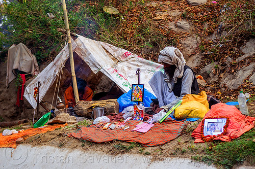 baba's makeshift camp - shivaratri festival at pashupatinath temple - kathmandu (nepal), babas, camp, camping, encampment, hindu, hinduism, kathmandu, maha shivaratri, men, pashupatinath, sadhus, sitting, tent