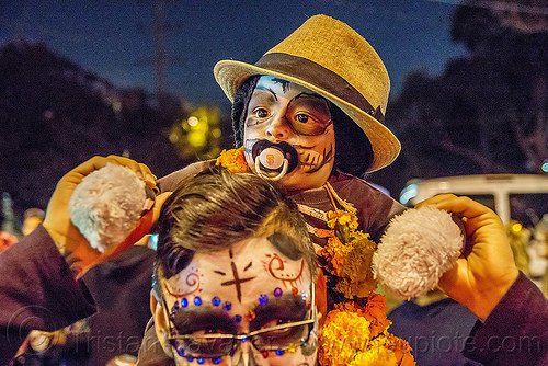 baby boy with skull makeup and fedora hat - dia de los muertos, boy, child, day of the dead, dia de los muertos, face painting, facepaint, father, fedora hat, gangster hat, halloween, kid, man, night, pacifier, son, sugar skull makeup, toddler