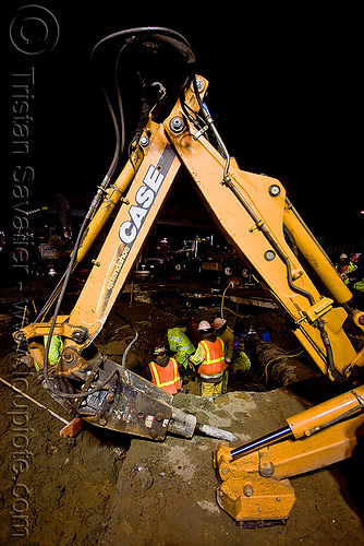 backhoe with hydraulic hammer - utility workers fixing broken water main (san francisco), backhoe, case, construction workers, extandahoe, hetch hetchy water system, high-visibility vest, hydraulic arm, hydraulic attachment, hydraulic hammer, night, pipeline, reflective vest, repairing, safety helmet, safety vest, sfpuc, sink hole, utility crew, utility workers, water department, water main, water pipe