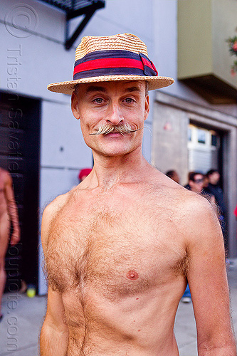 bare chested man with mustache and straw hat, bare chest, man, mustache, randal smith, straw hat