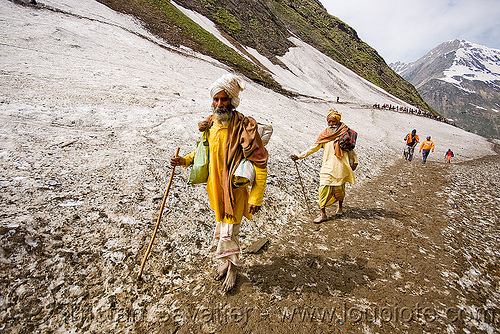 barefoot hindu pilgrims on glacier trail - amarnath yatra (pilgrimage) - kashmir, amarnath yatra, bare feet, barefoot, glacier, hiking canes, hindu pilgrimage, hinduism, kashmir, man, mountain trail, mountains, pilgrims, snow, valley, walking sticks