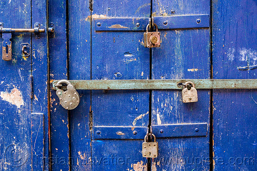 barred door with padlocks (india), almora, barred door, blue door, closed, india, locked door, padlocks, paint, painted, wooden