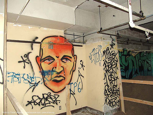 basement - graffiti - abandoned hospital (presidio, san francisco), abandoned building, abandoned hospital, graffiti, presidio hospital, presidio landmark apartments, trespassing