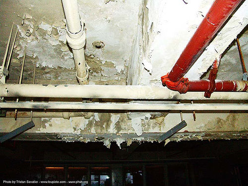 basement - pipes and peeling paint - abandoned hospital (presidio, san francisco), abandoned building, abandoned hospital, basement, graffiti, peeling paint, pipes, presidio hospital, presidio landmark apartments, trespassing