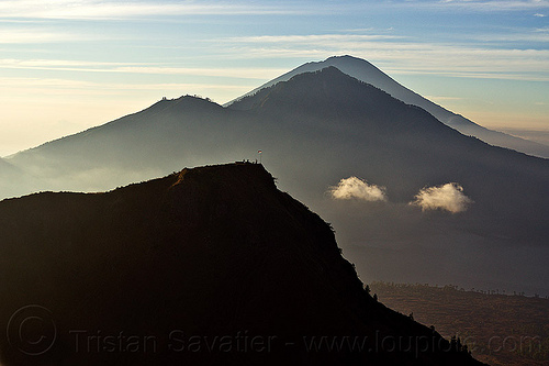 batur, abang and agung volcanoes, agung volcano, bali, batur volcano, clouds, flag, gunung abang, gunung agung, gunung batur, lake, landscape, lombok, mount abang, mount agung, mount batur, silhouettes, volcanoes