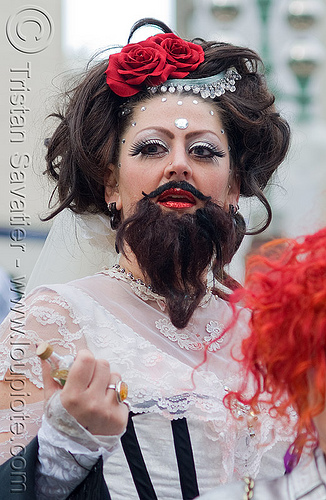 bearded lady (san francisco), beard, bearded woman, bride, brides of march, pamela, wedding, white