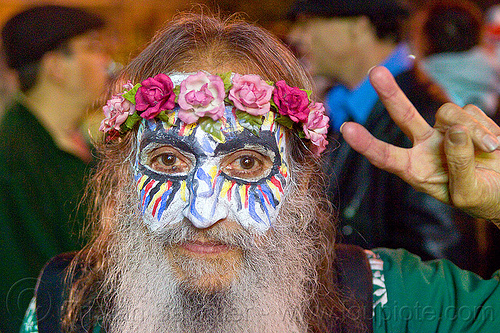 bearded man - painted mask - flowers crown, day of the dead, dia de los muertos, face painting, facepaint, halloween, hippie, man, night, painted mask, peace sign, pink flowers crown, sugar skull makeup, v-sign, victory sign, white beard