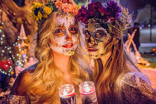 beautiful sugar skull makeup - dia de los muertos, andrea, bindis, candle light, candles, day of the dead, dia de los muertos, face painting, facepaint, flower headdress, flowers, halloween, mariana, night, sugar skull makeup, women