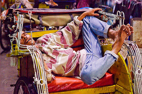 becak driver sleeping, bare feet, becak, cycle rickshaw, cyclo, malioboro, man, napping, night, rickshaw driver, seat, sleeping