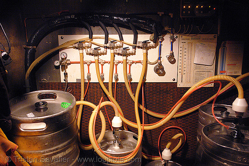 beer kegs and distribution system in a bar (paris), alcohol, beer kegs, draft beer, local bar, pipes, pressure, valves