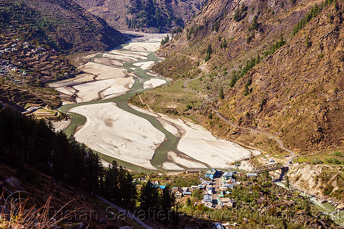 bhagirathi river bed on the way to gangotri (india), bhagirathi river, bhagirathi valley, bridge, landscape, mountain river, mountains, river bed, road, sunagar, village