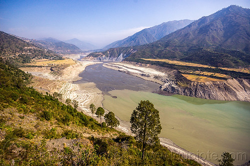 bhagirathi river - tehri artificial lake (india), artificial lake, bhagirathi river, bhagirathi valley, landscape, mountain river, mountains, reservoir, river bed, tehri lake