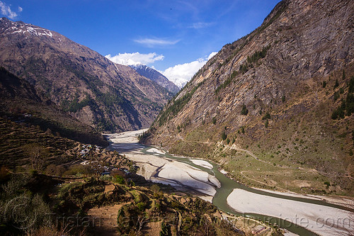 bhagirathi river valley on the road to gangotri (india), bhagirathi river, bhagirathi valley, landscape, mountain river, mountains, river bed, sunagar, v-shaped valley, village