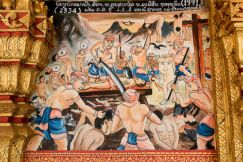 biblical torture scene on temple - luang prabang (laos), biblical, buddhism, buddhist temple, laos, luang prabang, painting, scene, torture