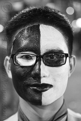 black and white face painting, costume, embarcadero, eyeglasses, eyewear, face painting, facepaint, halloween, journey to the end of the night, makeup, man, prescription glasses, spectacles
