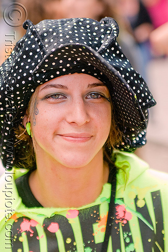 black polka dots hat - neon green t-shirt, hat, neon green, polka dots, woman