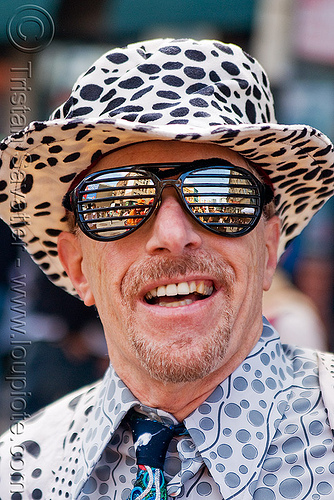 black polka dots over white - sierra ron (san francisco), man, mirror sunglasses, polka dots, ron halbert, sierra ron, venetian blinds sunglasses, white