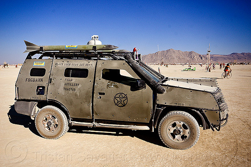 black rock army art dept armored car - burning man 2012, 911, armored, armoured, army, art car, burning man, military, mutant vehicles, signs, stencil, vehicle