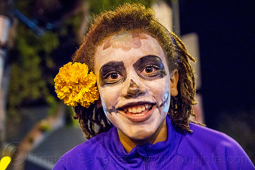 black teenage girl with skull makeup - dia de los muertos, day of the dead, dia de los muertos, dreadlocks, face painting, facepaint, halloween, marigold flower, night, skull makeup, teen, teenage girl, teenager, woman