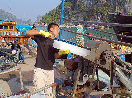 block ice shaving, block ice, cold, fisherman, fishing boats, fishing trawlers, ice block, ice shaver, machine, man, shaving