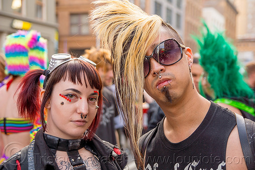 blond mohawk - darik - how weird street faire (san francisco), blond, darik, dereck, derrick demolition, lip piercing, man, nose piercing, punk, septum piercing, snake bite piercing, woman