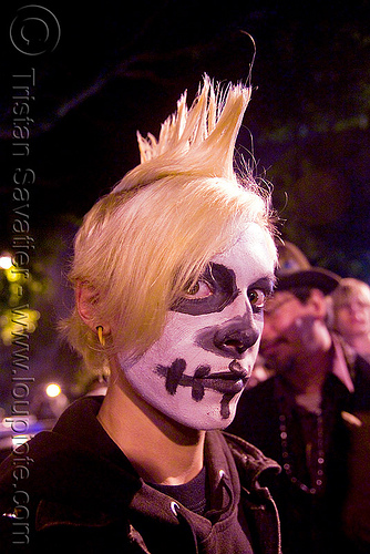 blond mohawk - white skull makeup - dia de los muertos - halloween (san francisco), day of the dead, dia de los muertos, face painting, facepaint, halloween, makeup, man, night