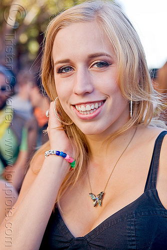 blond woman - kandi raver - samantha, beads, blonde, butterfly necklace, kandi kid, kandi raver, samantha, woman