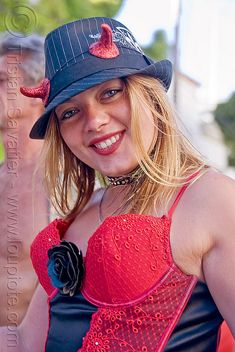 blond woman with devil horns - frencesca, black rose, blonde, flower, frencesca, hat, red, woman