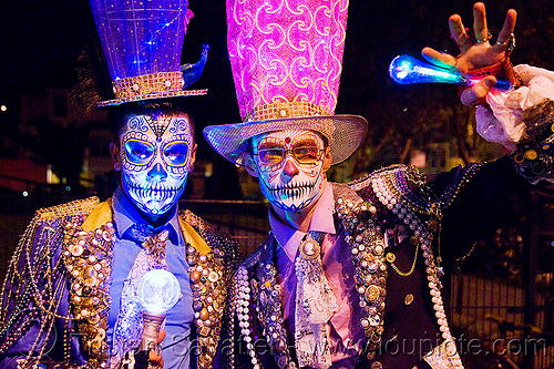 blue and pink matador costumes, blue hat, carnival hat, costume, day of the dead, dia de los muertos, face painting, facepaint, halloween, hats, large hat, men, night, pink hat, rebar, sugar skull makeup, suliman nawid