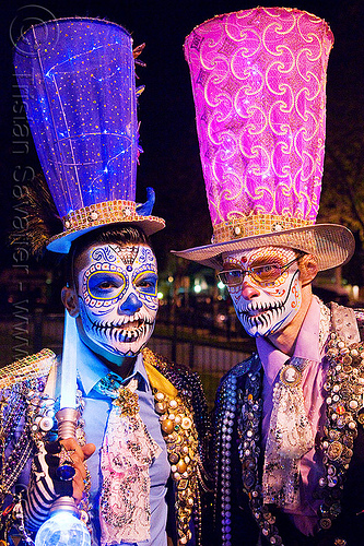 blue and pink stovepipe hats and matador costumes - dia de los muertos, blue hat, carnival hat, costume, day of the dead, dia de los muertos, face painting, facepaint, halloween, large hat, men, night, pink hat, rebar, stovepipe hats, sugar skull makeup, suliman nawid