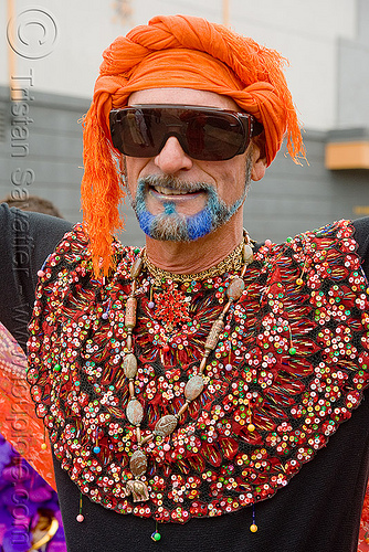 blue beard - burning man decompression, beads, blue beard, costume, man, necklace, orange headdress, sunglasses