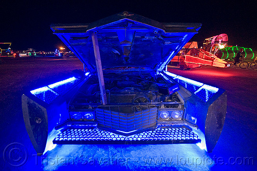 blue car - cadillac, art car, blue, burning man art cars, burning man at night, cadillac, engine, hood, mutant vehicles