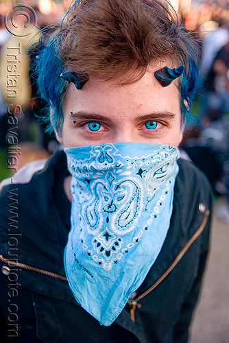 blue color contact lenses, bandana, ben retan, blue contact lenses, blue contacts, color contact lenses, face mask, lovevolution, man, prosthetic horns, special effects contact lenses, theatrical contact lenses