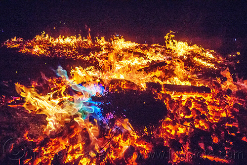 blue flames in the temple fire - burning man 2015, blue flames, burning man, embers, fire, night