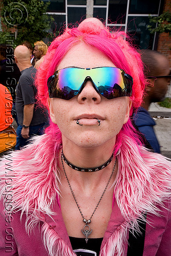 blue rayban sunglasses, fur, pink, ray-ban, woman