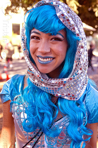 blue wig - blue lipstick, blue costume, blue lipstick, blue outfit, blue wig, fashion, headdress, jessica, shiny, silver, woman