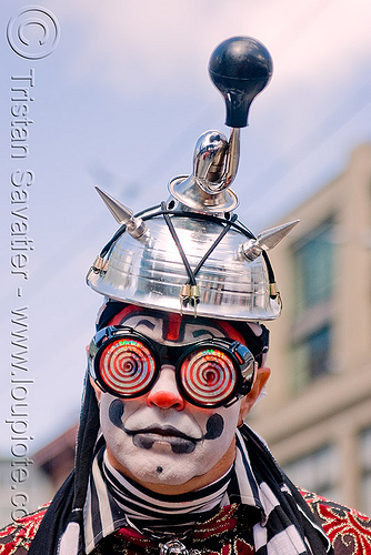 boenobo the klown - gooferman (san francisco), boenobo, costume, gooferman, hat, helmet, man, red, spiral glasses, spiral goggles