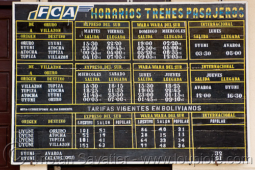 boliva train schedule - timetable - horarios trenes pasajeros, bolivia, enfe, fca, railroad, railway, tarifas, tariff, time table, train station, trains, uyuni