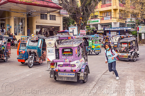 bontoc - motorized tricycles (philippines), bontoc, colorful, crossing street, motorcycles, motorized tricycle, pedestrian, philippines, running, sidecar, woman