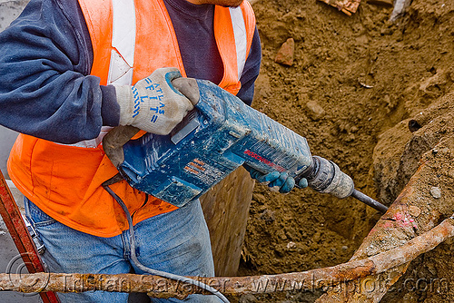 bosch hammer drill - electrical jackhammer - power tool - construction worker, bosch hammer drill, construction worker, drainage, electrical jackhammer, heavy-duty, high-visibility jacket, high-visibility vest, power tool, reflective jacket, reflective vest, safety helmet, safety jacket, storm drain, utility worker, working