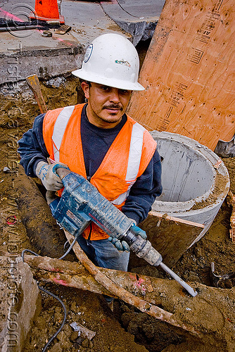 bosch hammer drill - electrical jackhammer - utility worker, bosch hammer drill, construction worker, drainage, electrical jackhammer, hard hat, heavy-duty, high-visibility jacket, high-visibility vest, power tool, reflective jacket, reflective vest, safety helmet, safety jacket, storm drain, utility worker, working