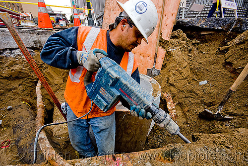 bosch hammer drill - electrical jackhammer - utility worker, bosch hammer drill, construction worker, drainage, electrical jackhammer, heavy-duty, high-visibility jacket, high-visibility vest, power tool, reflective jacket, reflective vest, safety helmet, safety jacket, storm drain, utility worker, working