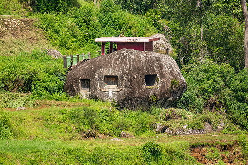 boulder in field, with several toraja rock-tombs, boulder, burial site, cemetery, graves, graveyard, liang pak, rock tombs, tana toraja