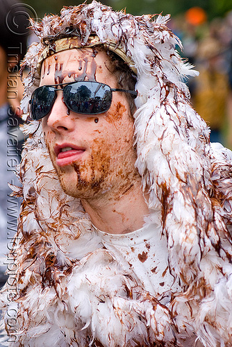 bp crude oil spill - oiled bird costume, bay to breakers, bp oil spill, crude oil, feathers, footrace, man, oil pollution, oil-soaked bird, oiled bird costume, street party, sunglasses, white