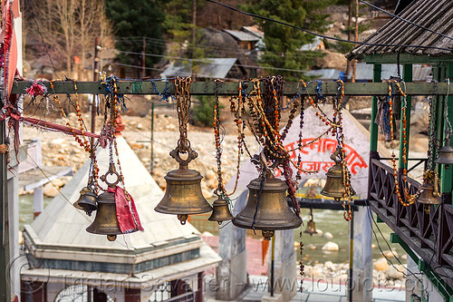 brass bells hanging near hindu temple (india), bells, bhagirathi river, bhagirathi valley, gangotri, hanging, hindu pilgrimage, hindu temple, hinduism, india
