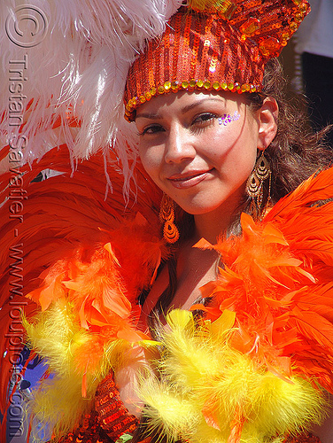 brazil carnival costume - orange feathers - carmen, brazilian, carnival costume, samba, san francisco carnival, woman