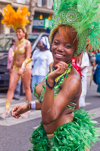 brazilian carnaval costume, brazilian, carnaval tropical, costume, dancing, green feathers, headdress, parade, paris, woman