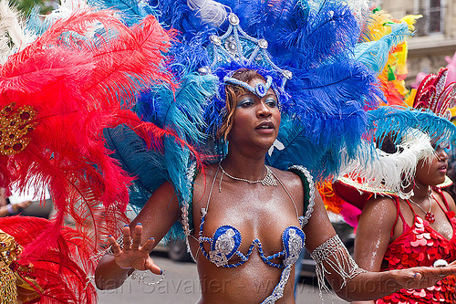 brazilian carnaval costume, blue, brazilian, carnaval tropical, costume, dancing, feather headdress, feathers, parade, red, woman